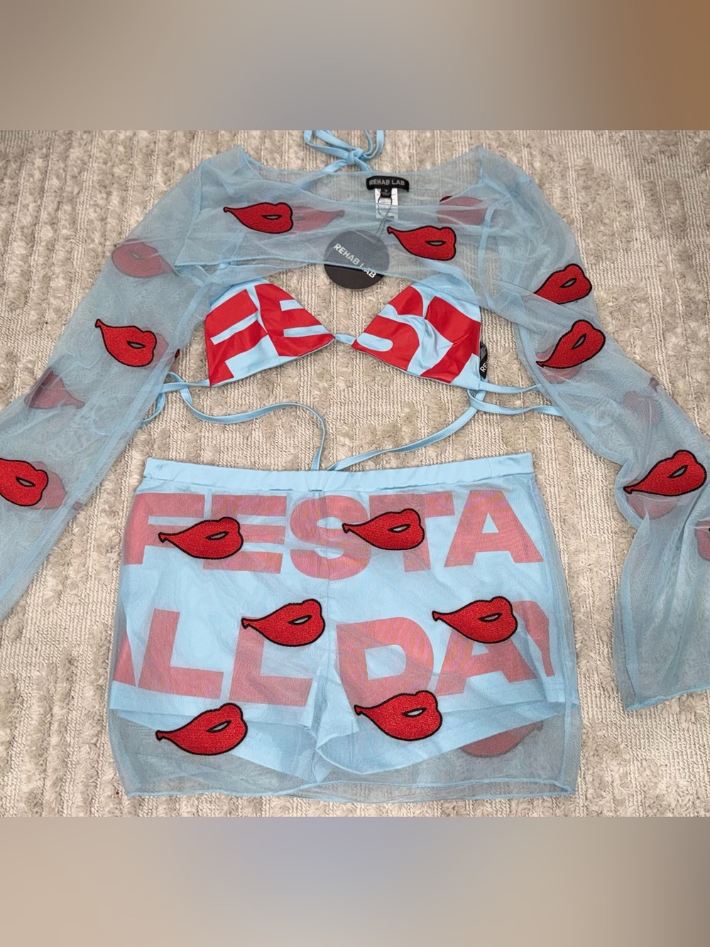 Rehab Light Blue Mesh Bikini and Skirt Set with Red Lip Appliqués